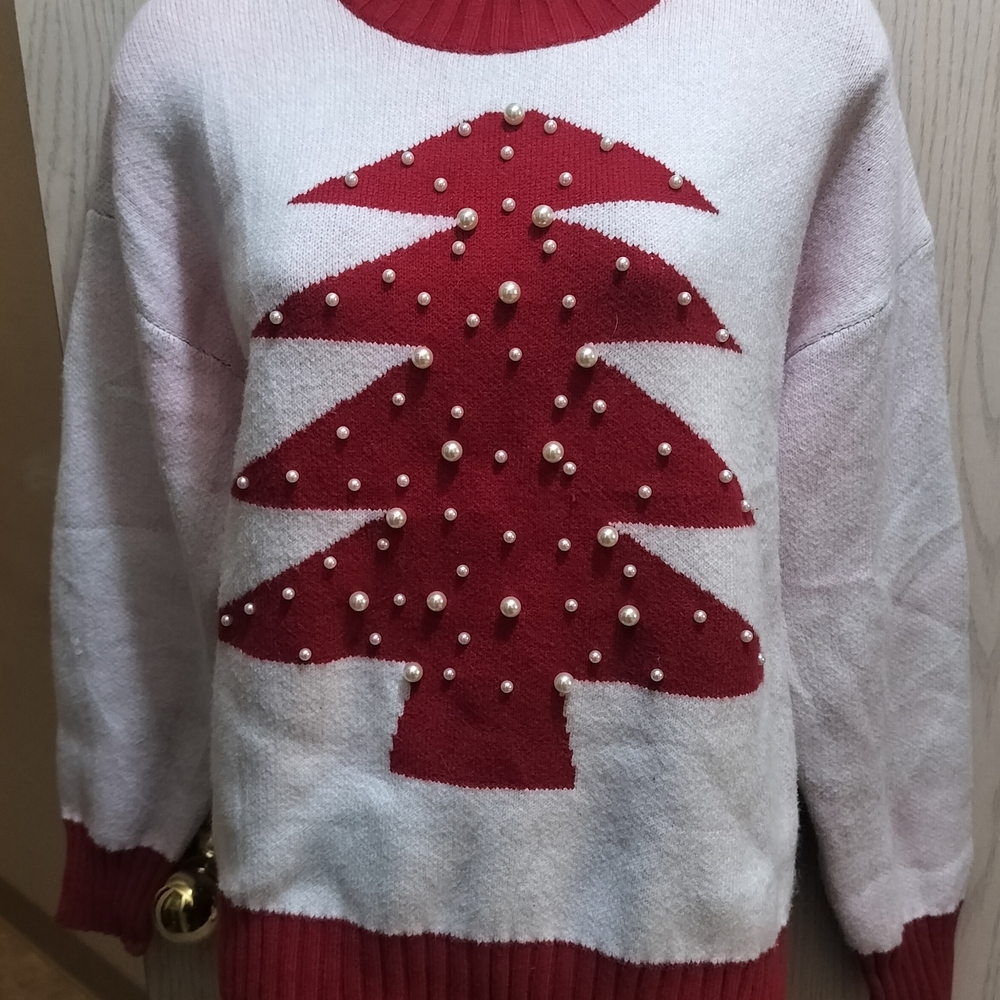 Boohoo Festive Red and White Sweater with Pearl Accents